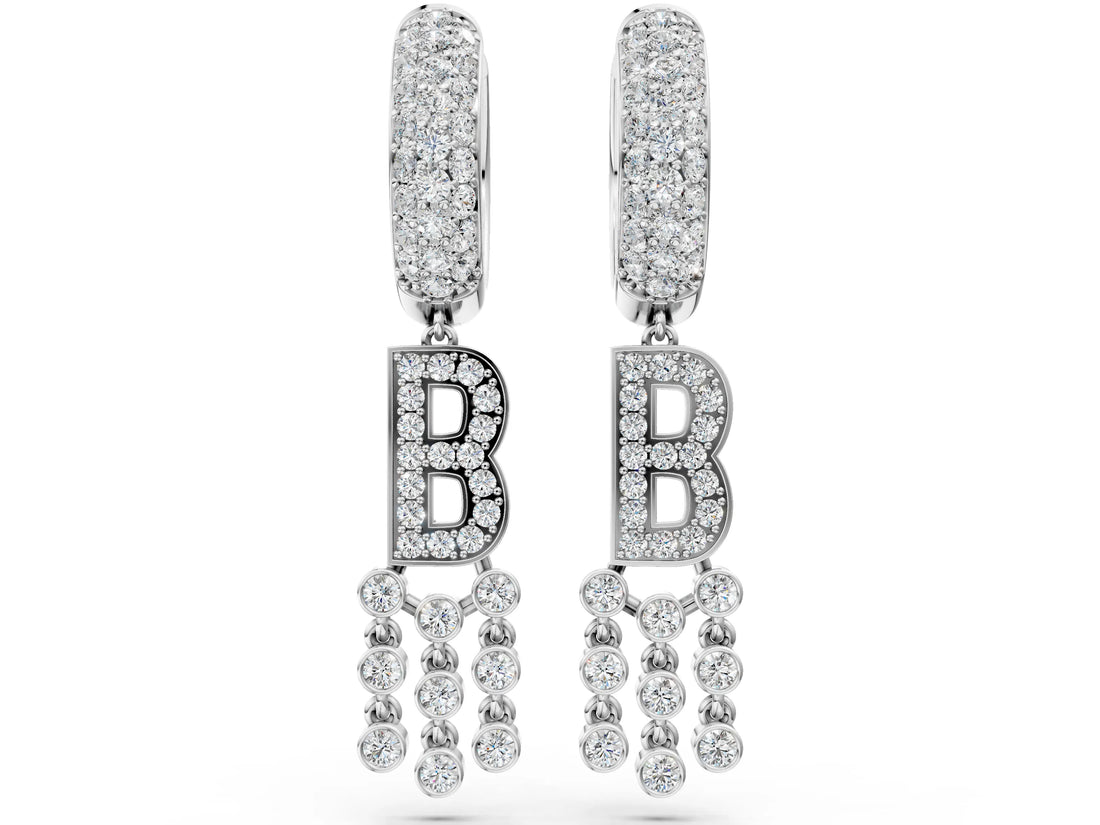 White gold Round Diamond Initial B Huggie Hoop Earrings_10