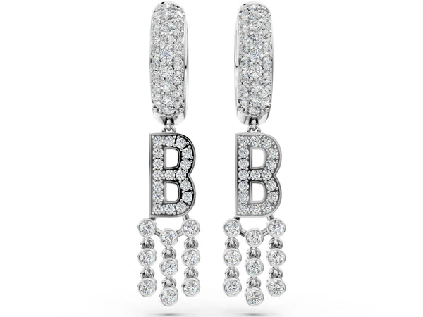 Platinum Round Diamond Initial B Huggie Hoop Earrings