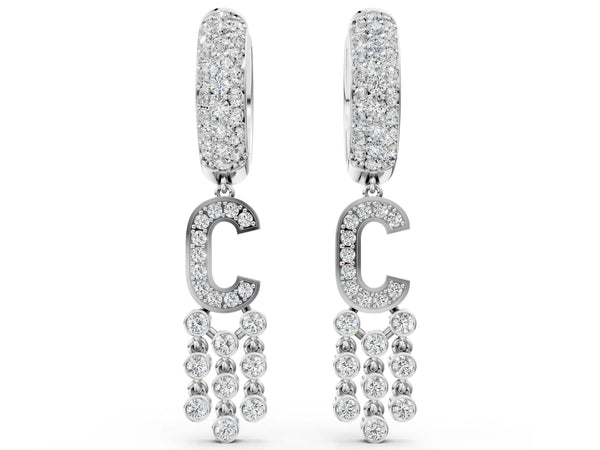 Platinum Round Diamond Initial C Huggie Hoop Earrings