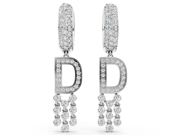White gold Round Diamond Initial D Huggie Hoop Earrings