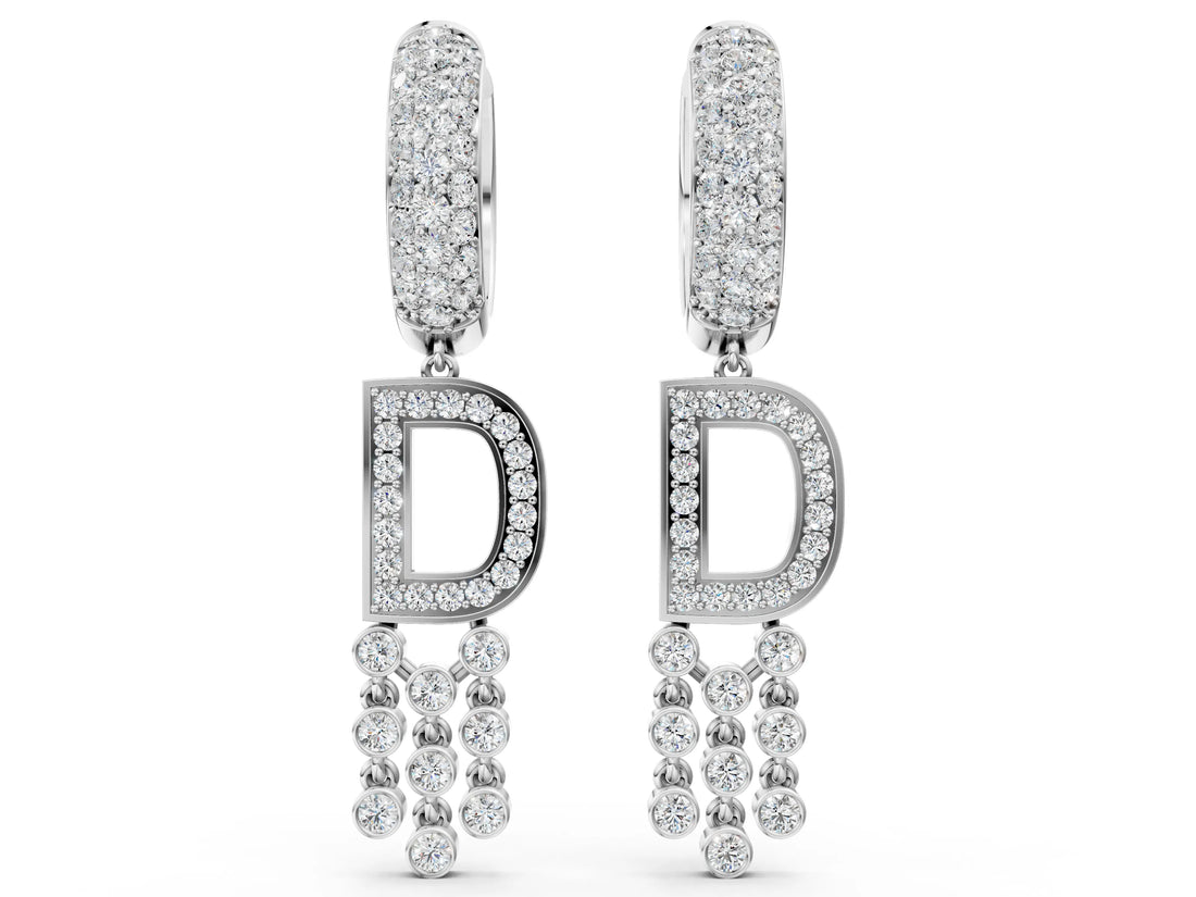 White gold Round Diamond Initial D Huggie Hoop Earrings
