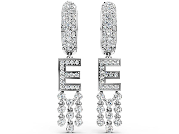 White gold Round Diamond Initial E Huggie Hoop Earrings