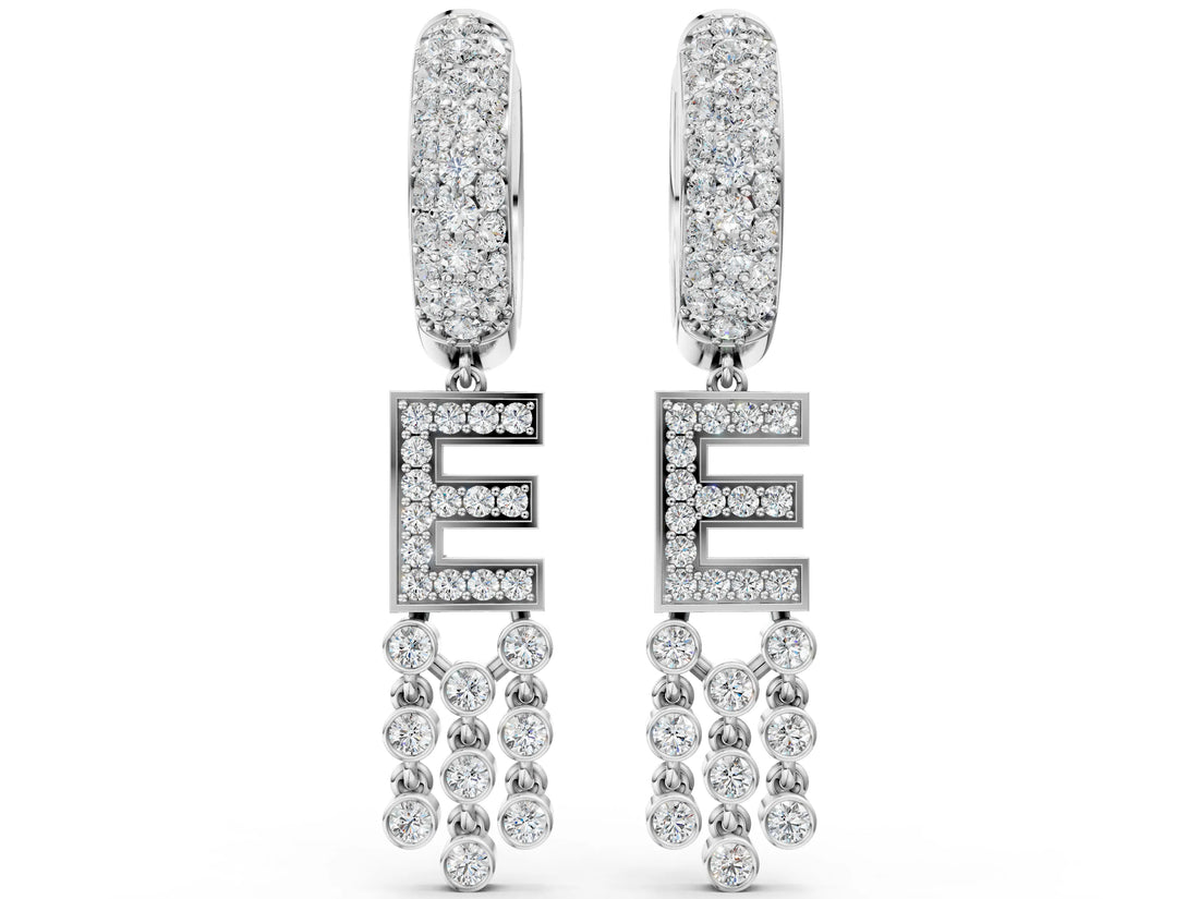 White gold Round Diamond Initial E Huggie Hoop Earrings