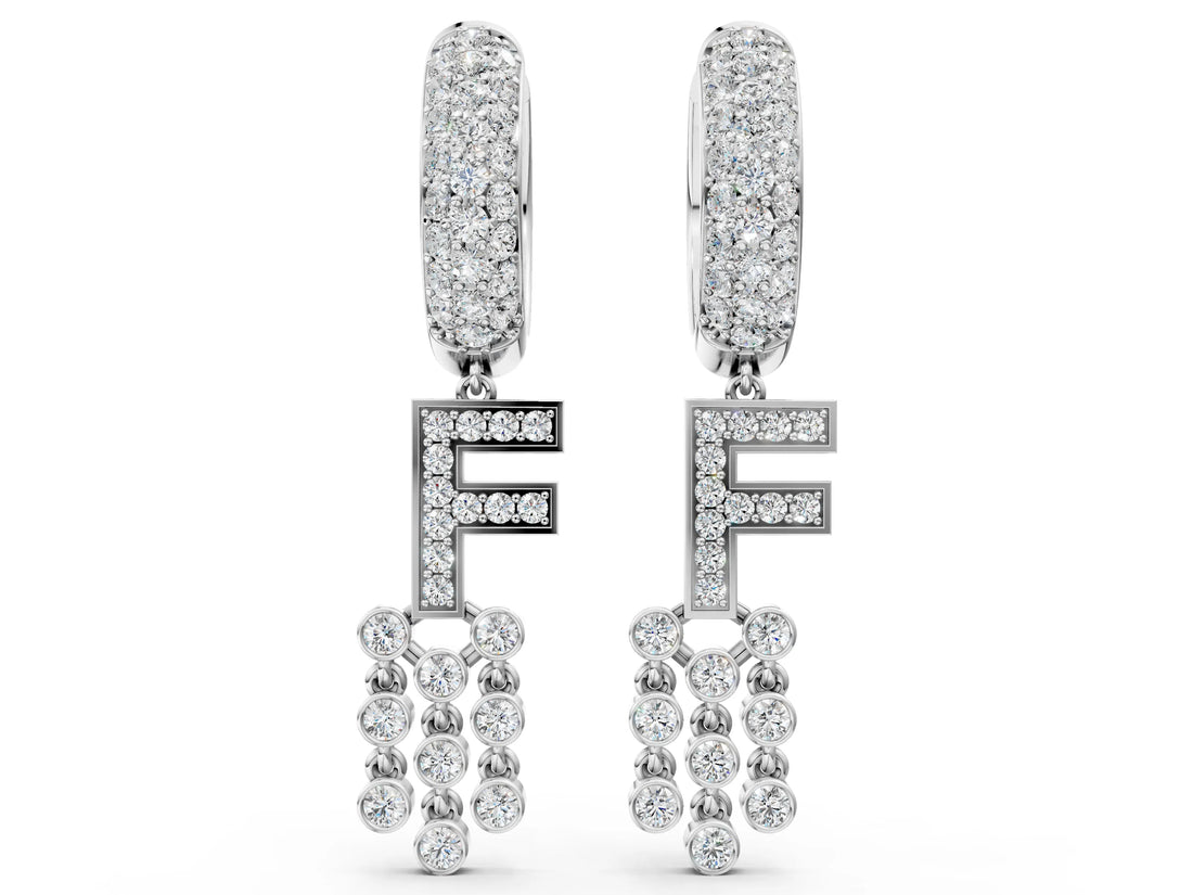 White gold Round Diamond Initial F Huggie Hoop Earrings