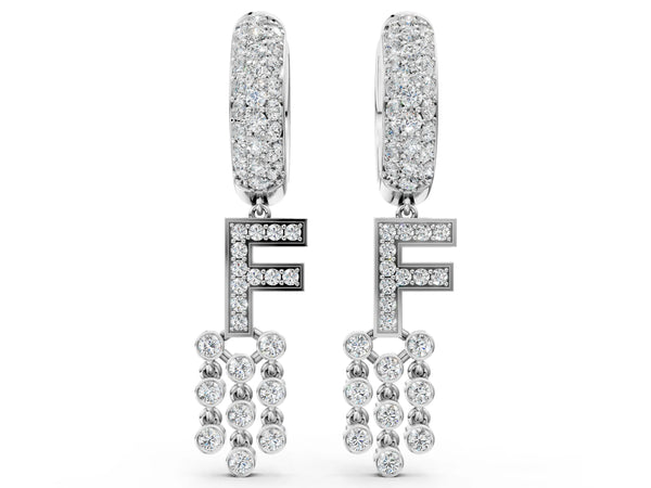 Silver Round Diamond Initial F Huggie Hoop Earrings