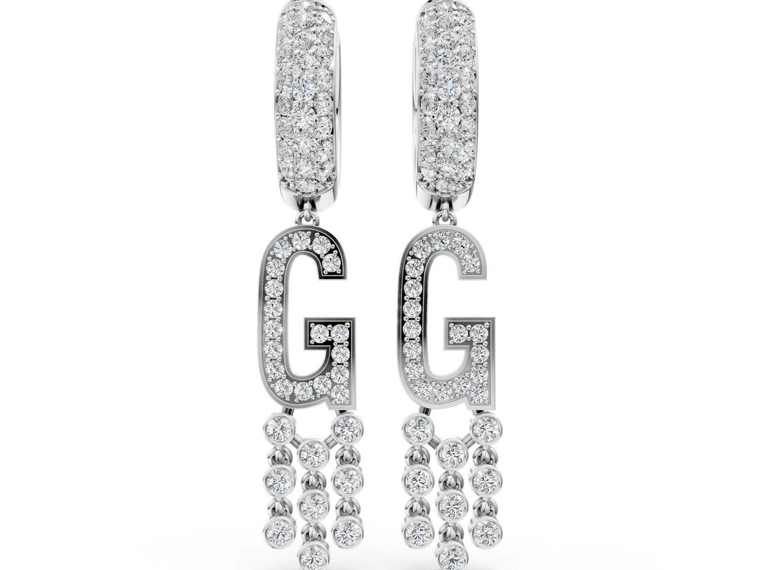 White gold Round Diamond Initial G Huggie Hoop Earrings_4