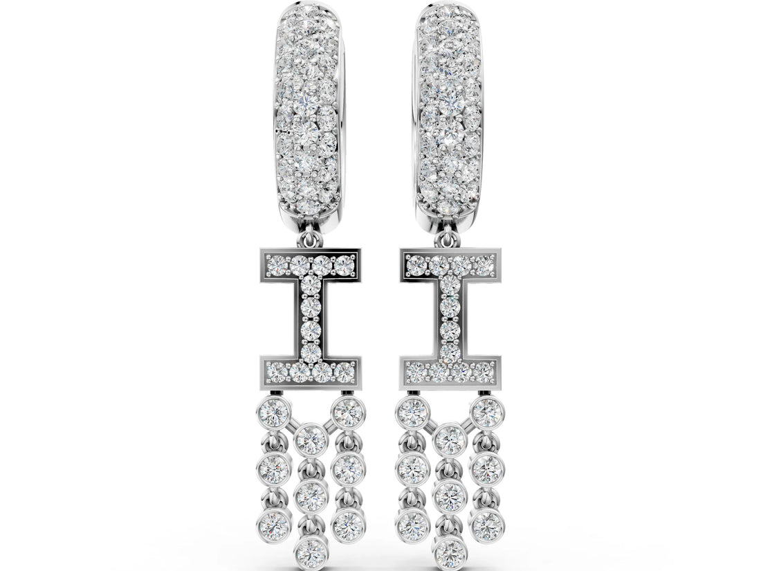 White gold Round Diamond Initial I Huggie Hoop Earrings