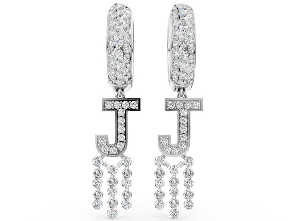 Silver Round Diamond Initial J Huggie Hoop Earrings