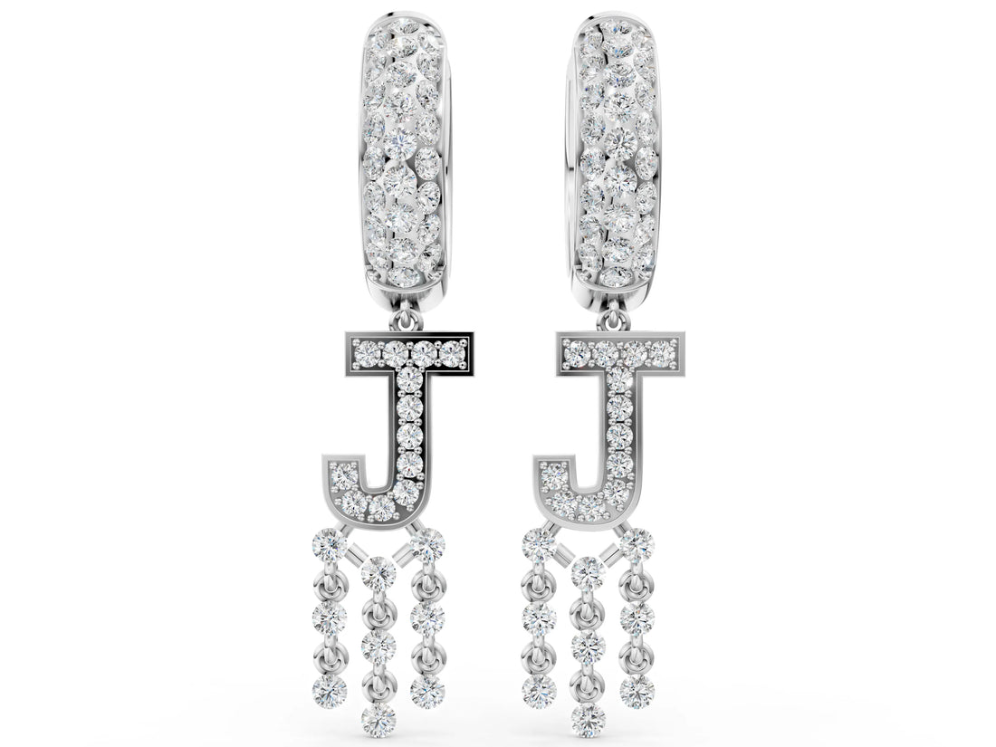 White gold Round Diamond Initial J Huggie Hoop Earrings