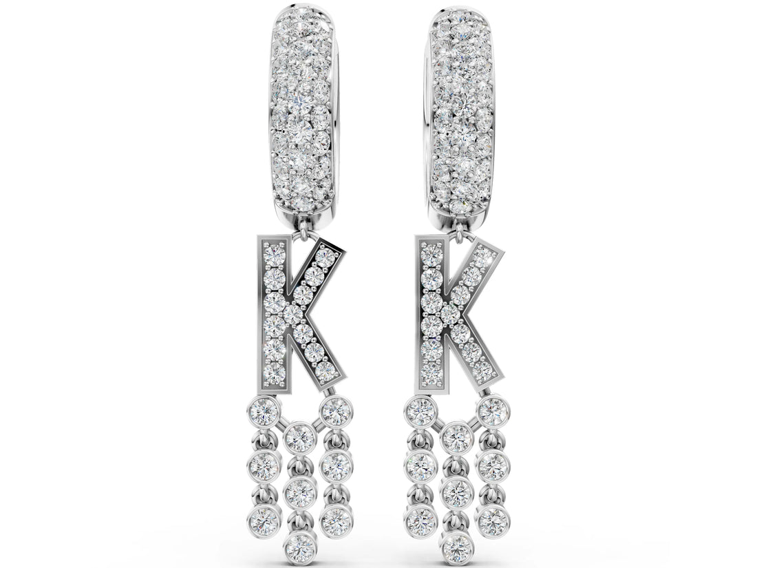 White gold Round Diamond Initial K Huggie Hoop Earrings