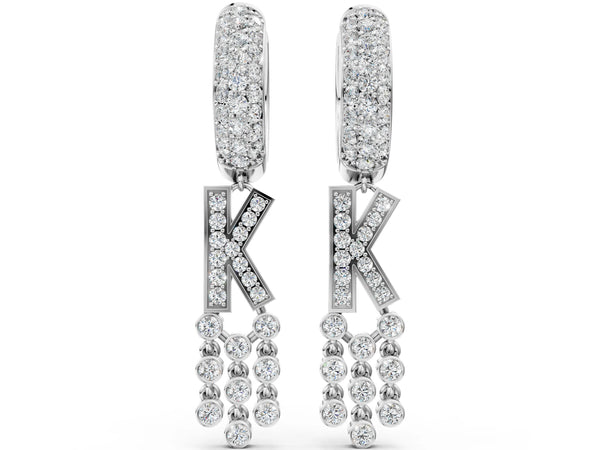 Silver Round Diamond Initial K Huggie Hoop Earrings