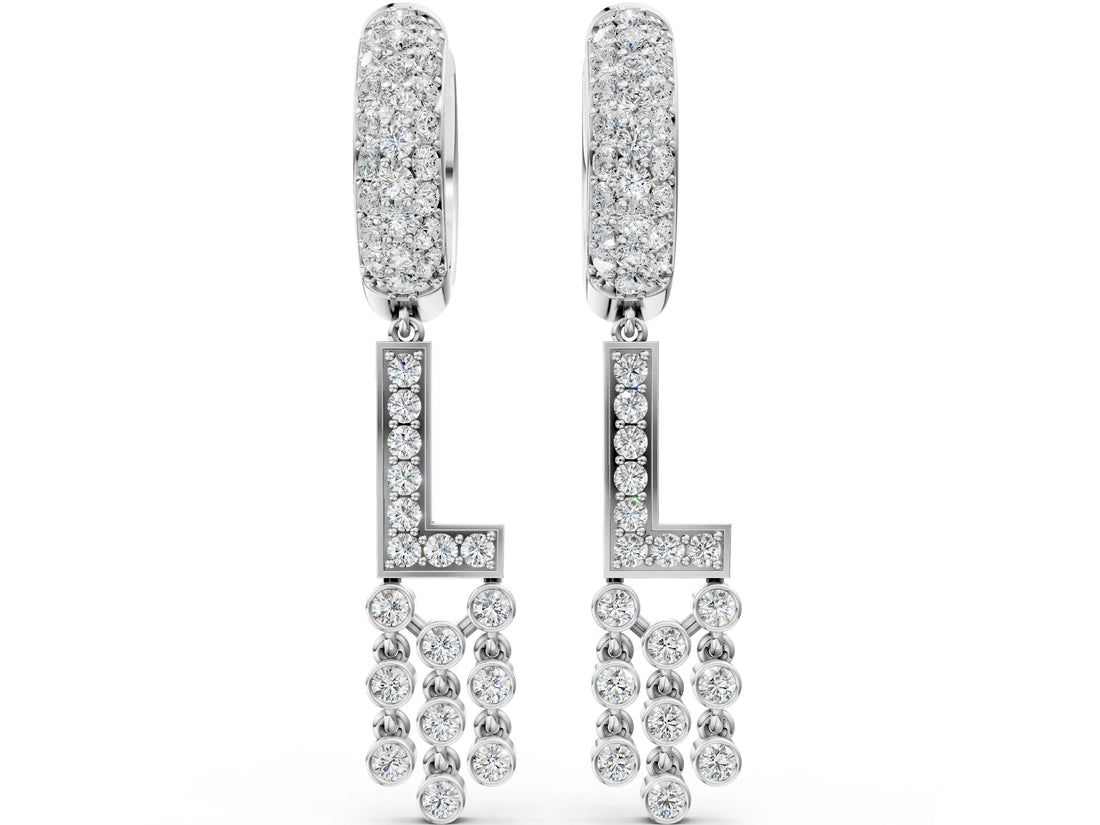White gold Round Diamond Initial L Huggie Hoop Earrings