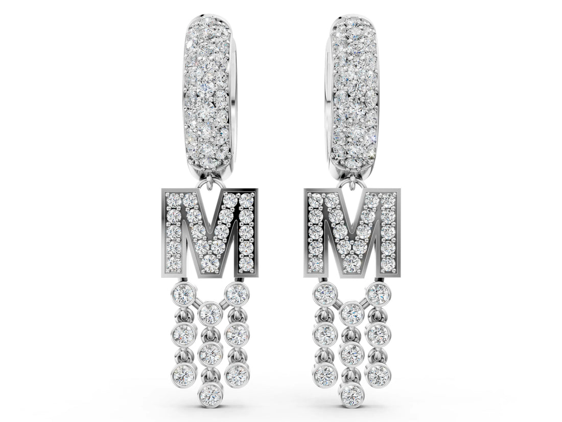 White gold Round Diamond Initial M Huggie Hoop Earrings