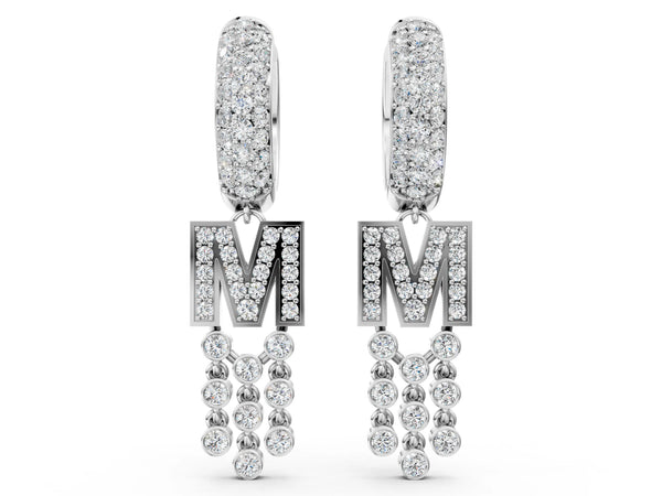 White gold Round Diamond Initial M Huggie Hoop Earrings