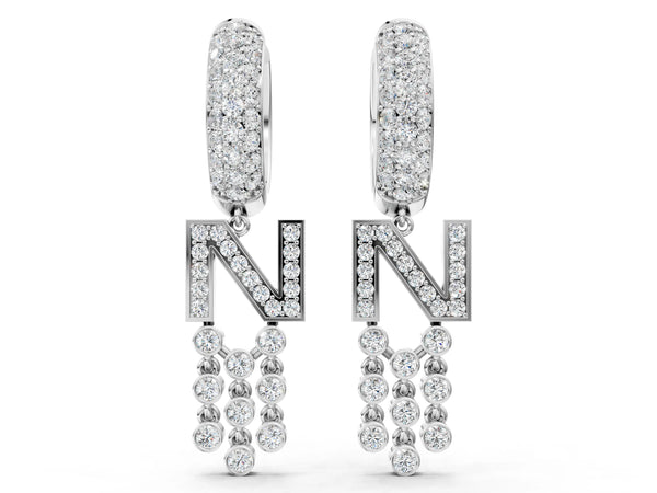 Silver Round Diamond Initial N Huggie Hoop Earrings