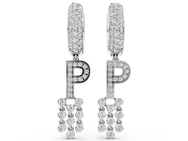 Platinum Round Diamond Initial P Huggie Hoop Earrings