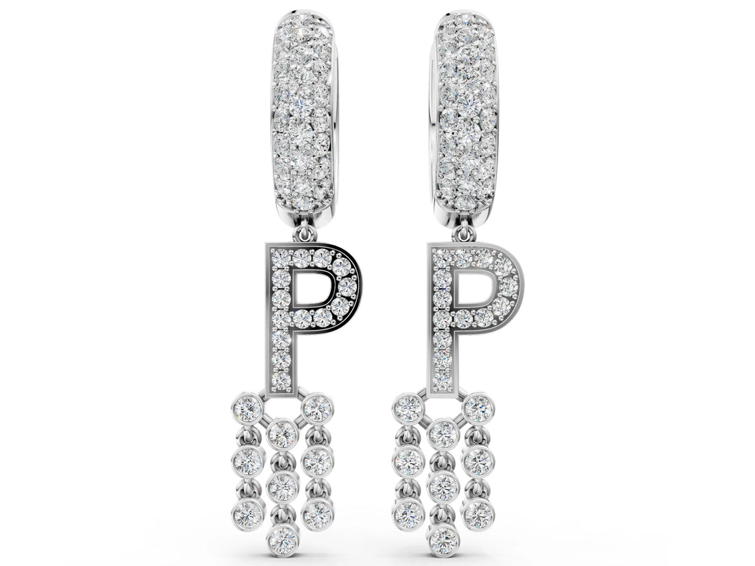 White gold Round Diamond Initial P Huggie Hoop Earrings