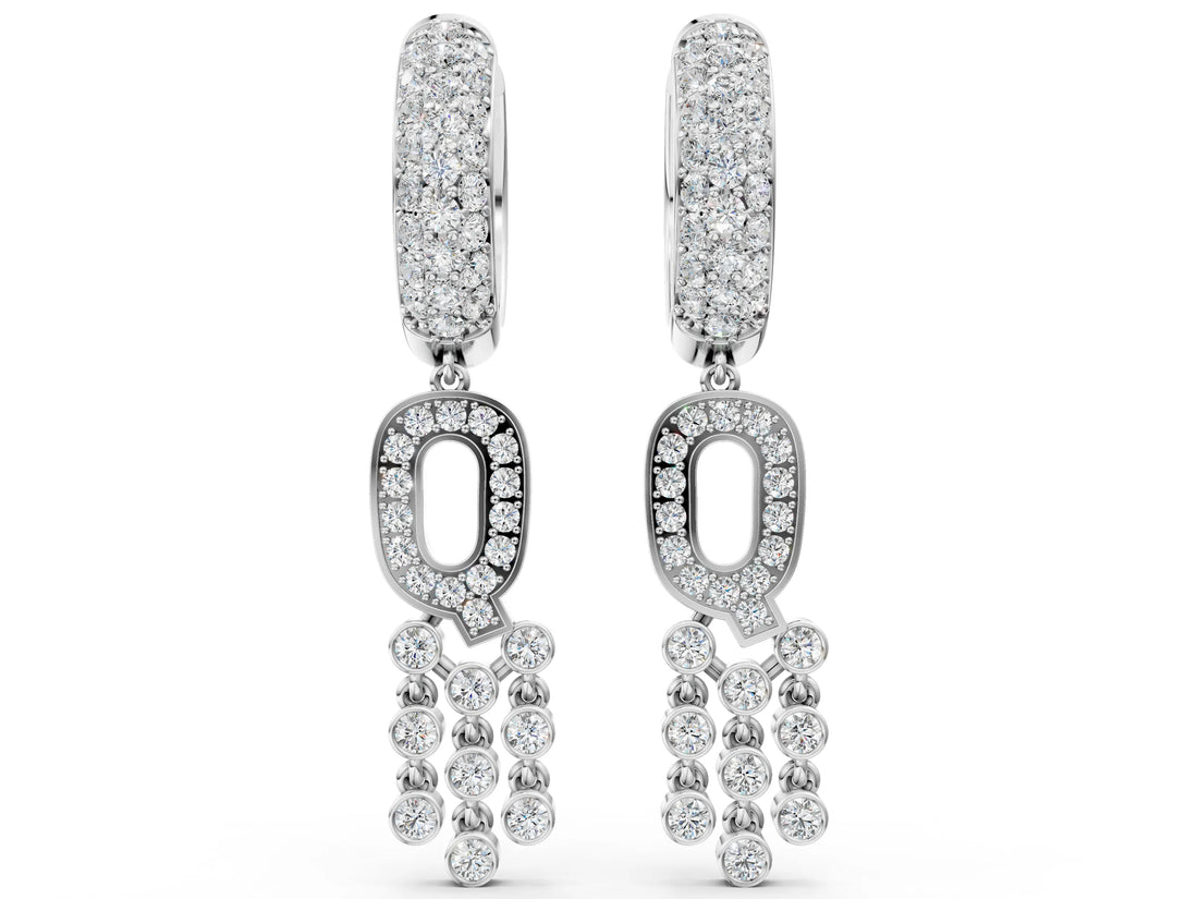 White gold Round Diamond Initial Q Huggie Hoop Earrings