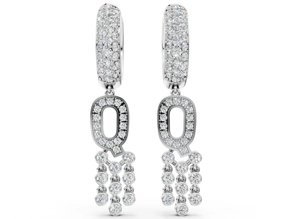 Silver Round Diamond Initial Q Huggie Hoop Earrings