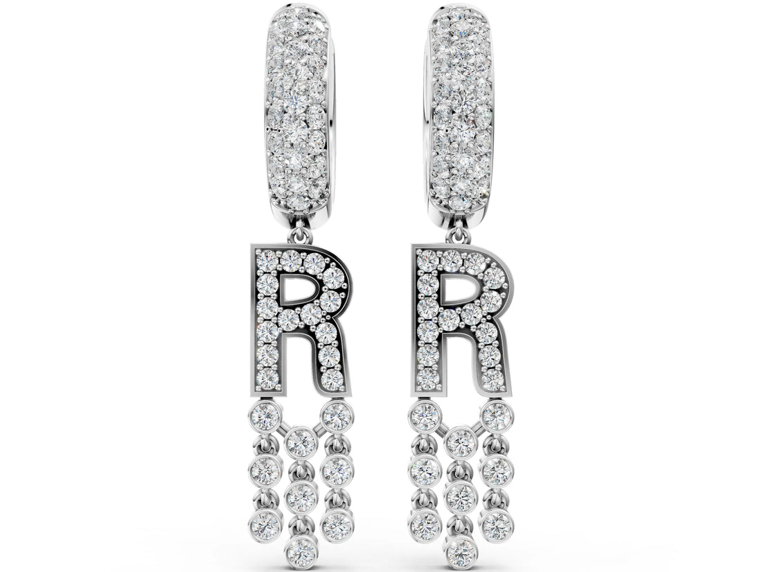 White gold Round Diamond Initial R Huggie Hoop Earrings
