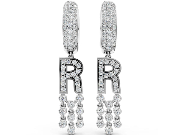Silver Round Diamond Initial R Huggie Hoop Earrings