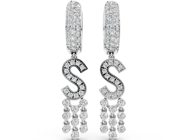 Platinum Round Diamond Initial S Huggie Hoop Earrings