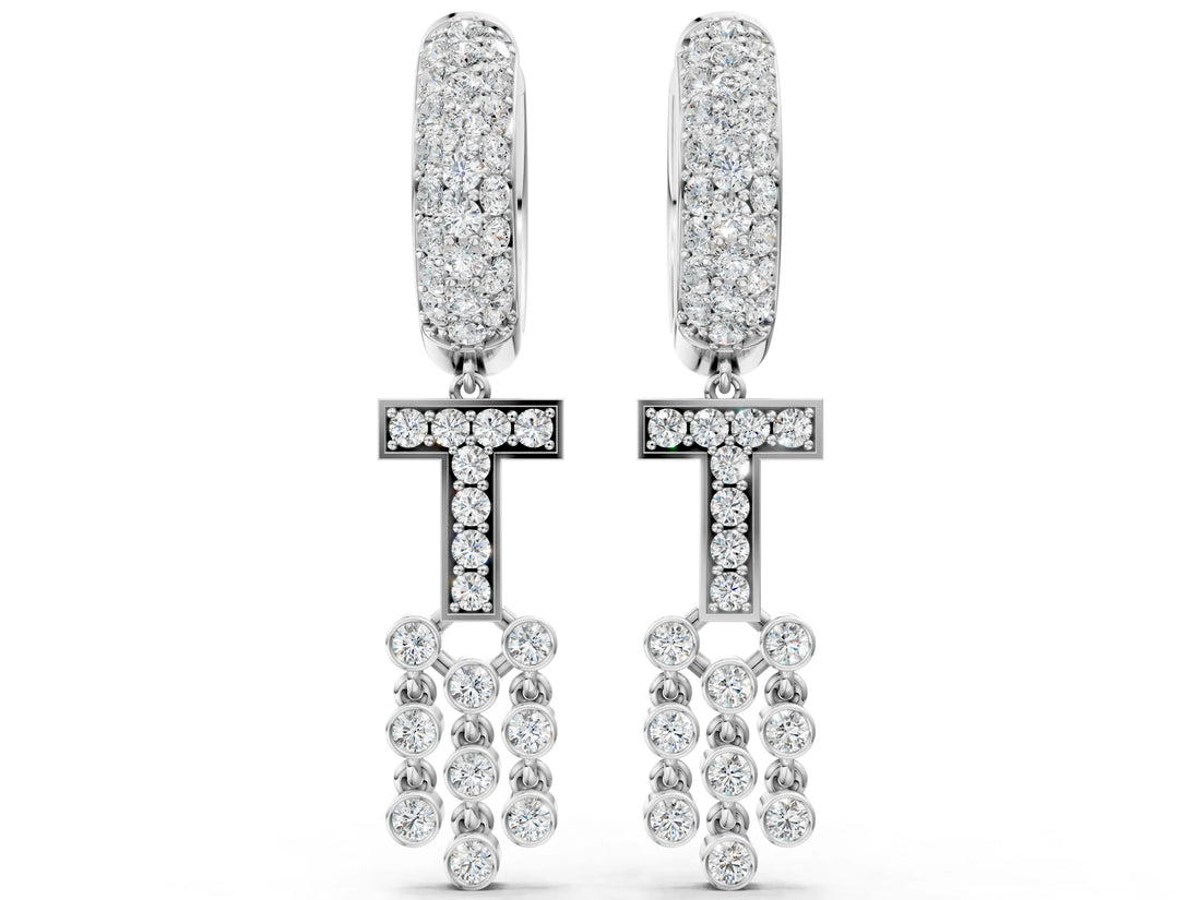 White gold Round Diamond Initial T Huggie Hoop Earrings_4