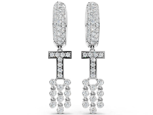 Silver Round Diamond Initial T Huggie Hoop Earrings