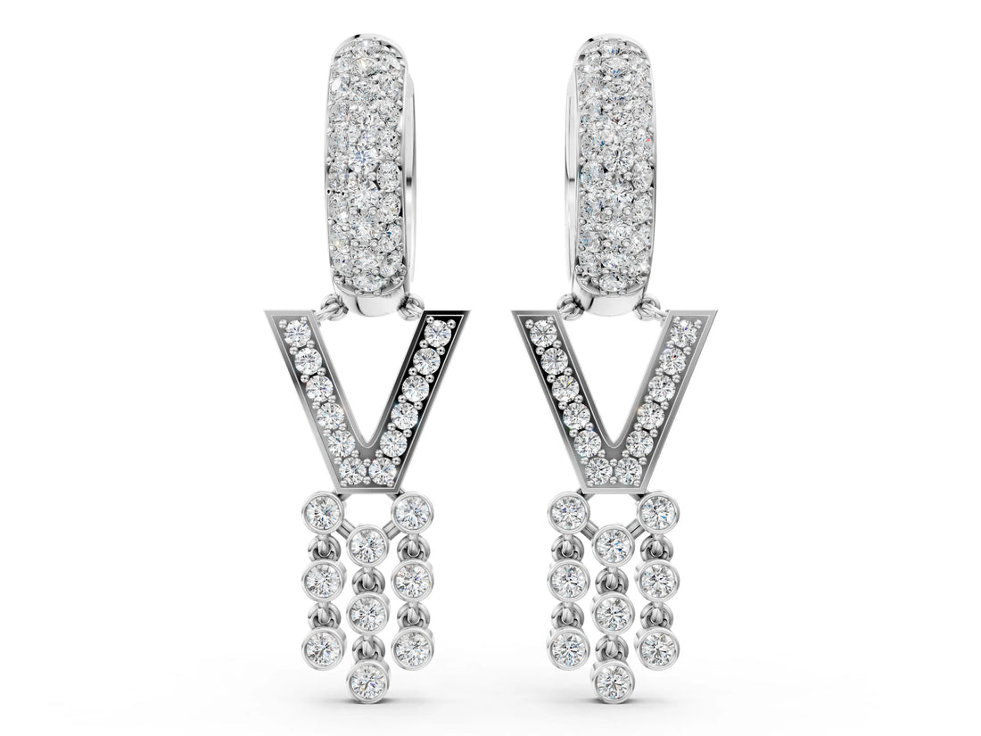 White gold Round Diamond Initial V Huggie Hoop Earrings