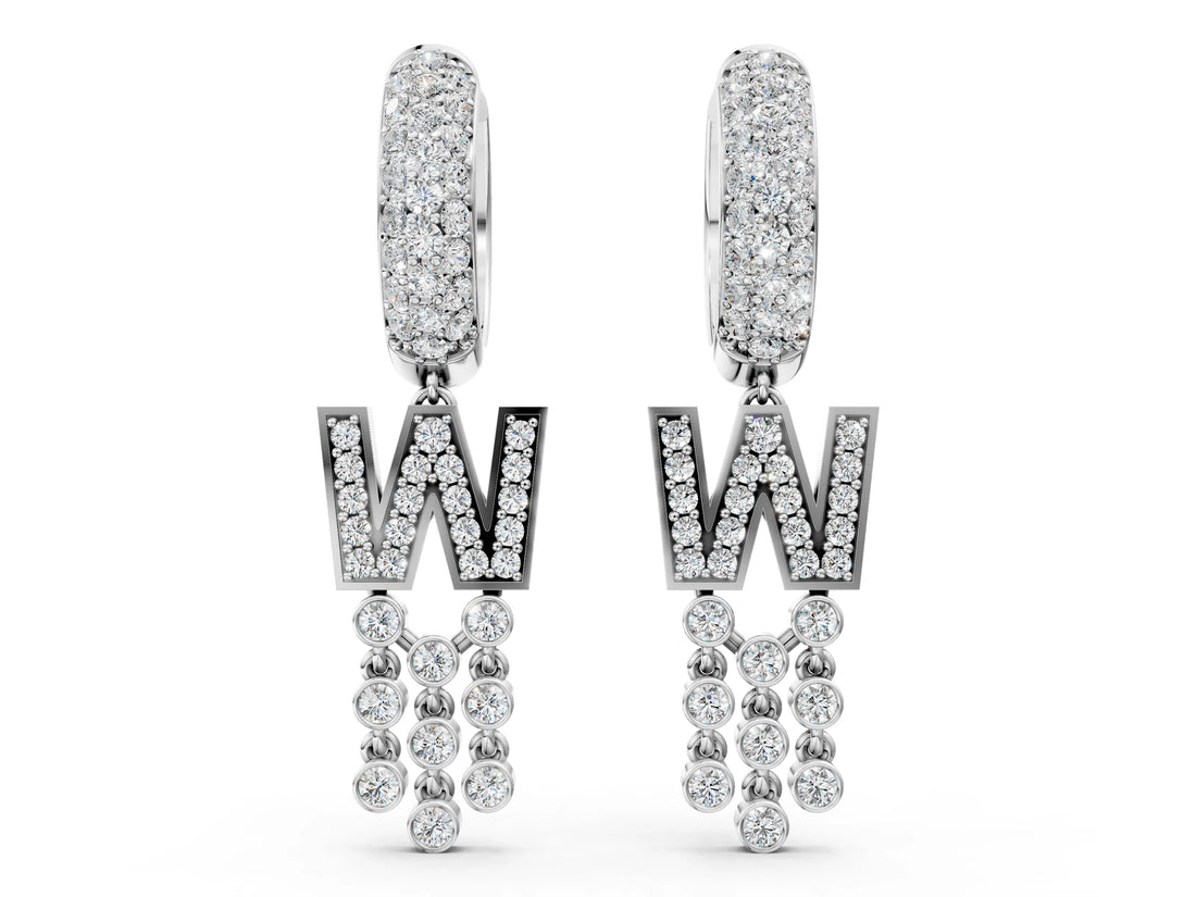 White gold Round Diamond Initial W Huggie Hoop Earrings