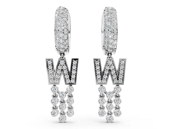 White gold Round Diamond Initial W Huggie Hoop Earrings