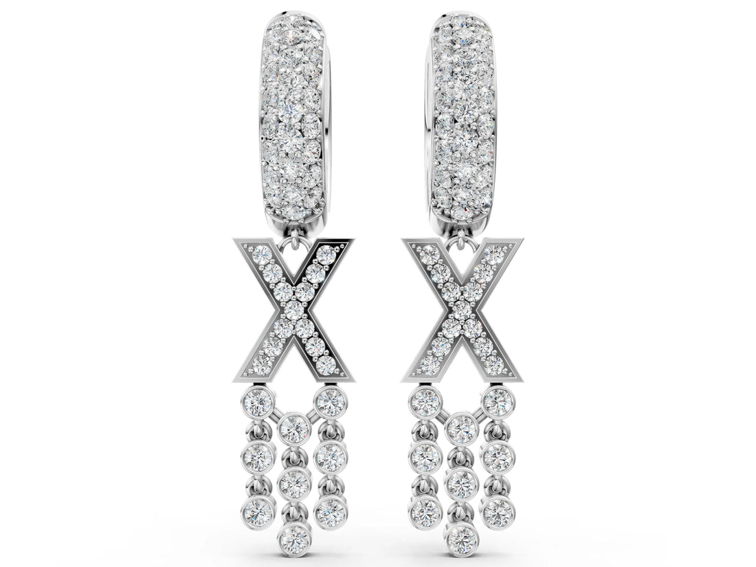 White gold Round Diamond Initial X Huggie Hoop Earrings