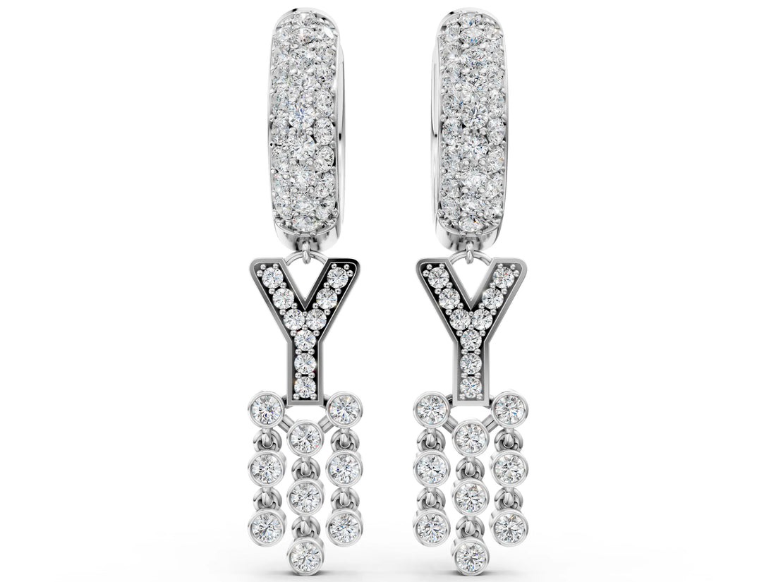 White gold Round Diamond Initial Y Huggie Hoop Earrings