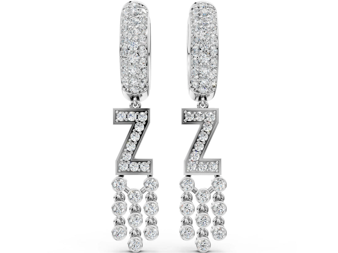 White gold Round Diamond Initial Z Huggie Hoop Earrings