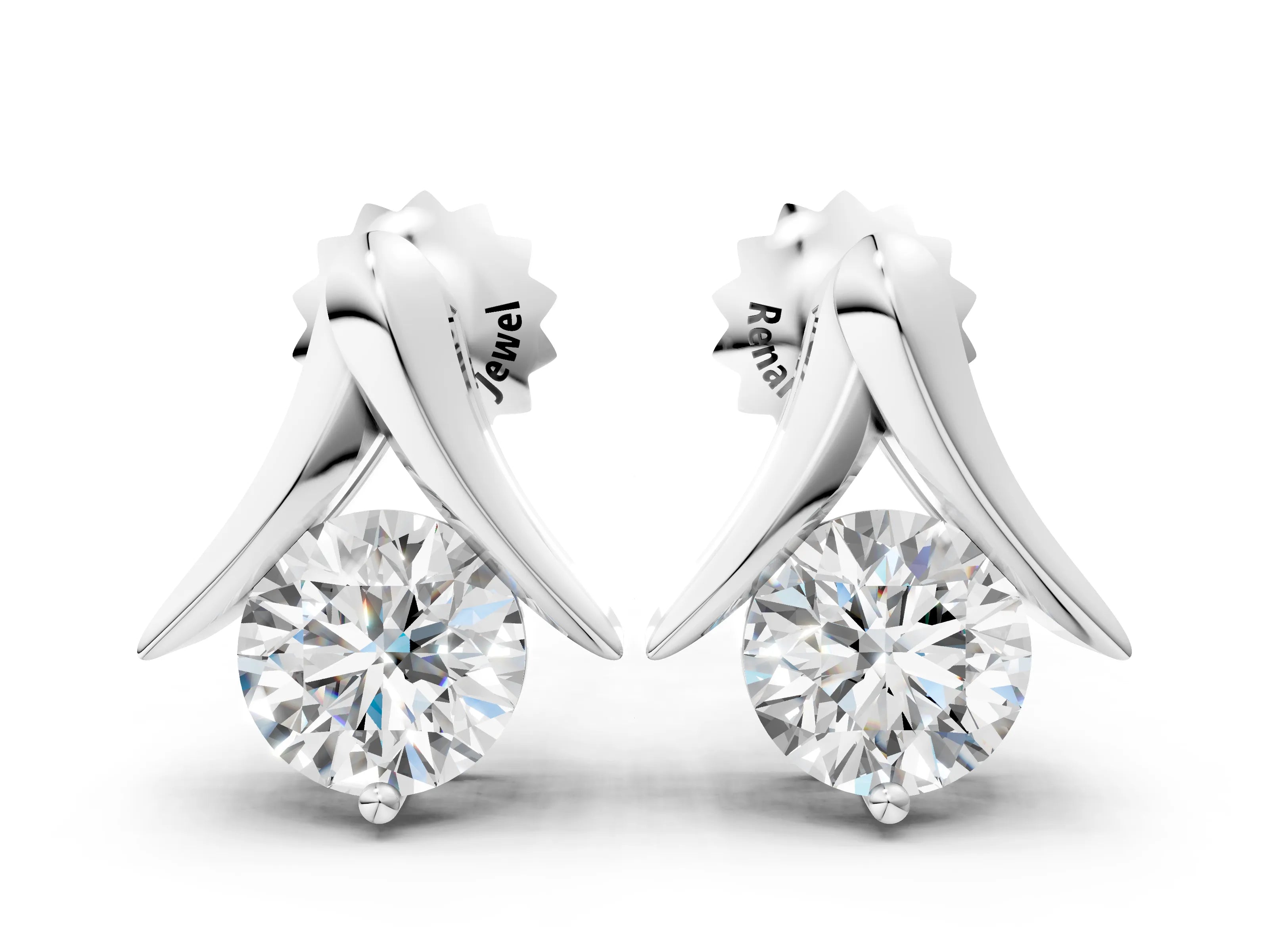 White gold Round Diamond Inverted V Stud Earrings_12