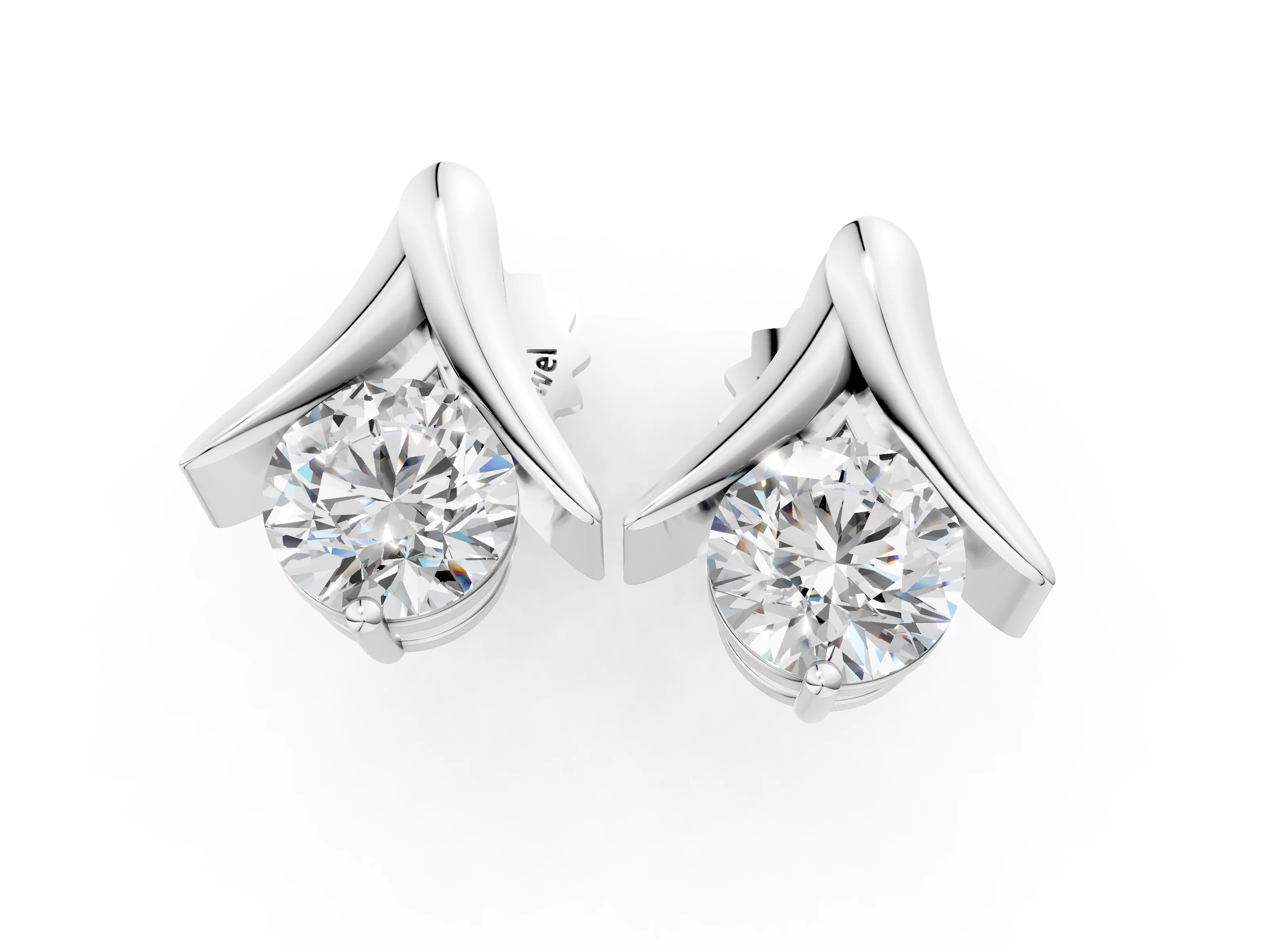 White gold Round Diamond Inverted V Stud Earrings_13
