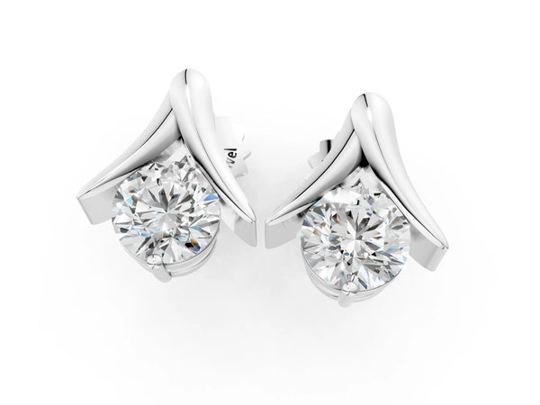 Silver Round Diamond Inverted V Stud Earrings