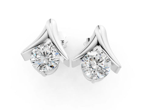 White gold Round Diamond Inverted V Stud Earrings_13