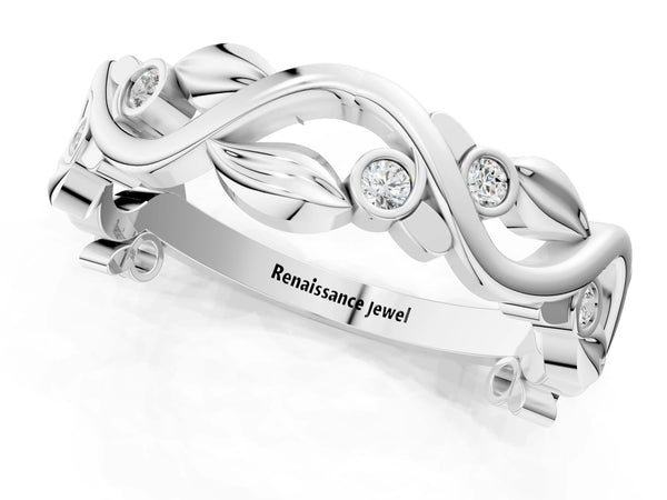 Silver Round Diamond Leaf Eternity Band with Bezel Setting