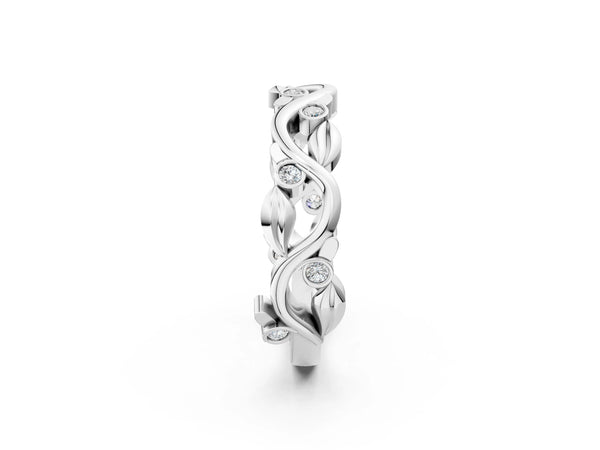 White gold Round Diamond Leaf Eternity Band with Bezel Setting