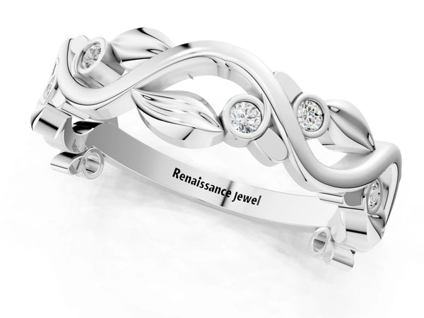 White gold Round Diamond Leaf Eternity Band with Bezel Setting