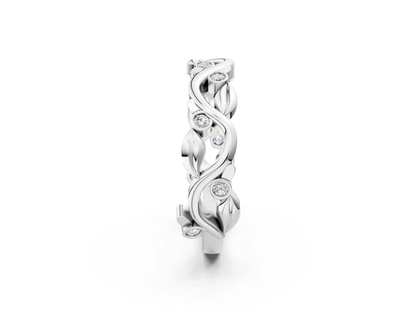 White gold Round Diamond Leaf Eternity Band with Bezel Setting