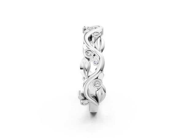 White gold Round Diamond Leaf Eternity Band with Bezel Setting
