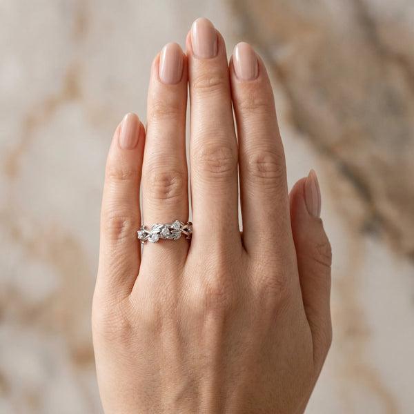 White gold Round Diamond Leaf Motif Band with Prong Setting