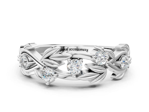 Platinum Round Diamond Leaf Motif Band with Prong Setting