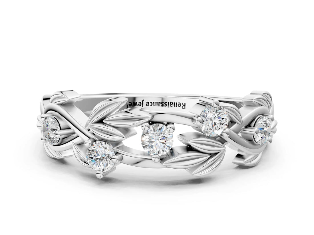 White gold Round Diamond Leaf Motif Band with Prong Setting_20