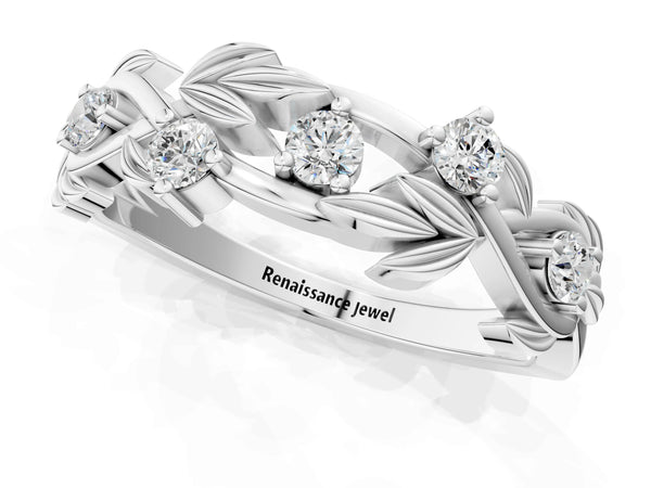 Platinum Round Diamond Leaf Motif Band with Prong Setting