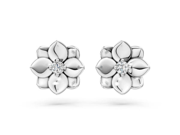 Silver Round Diamond Magnolia Floral Stud Earrings