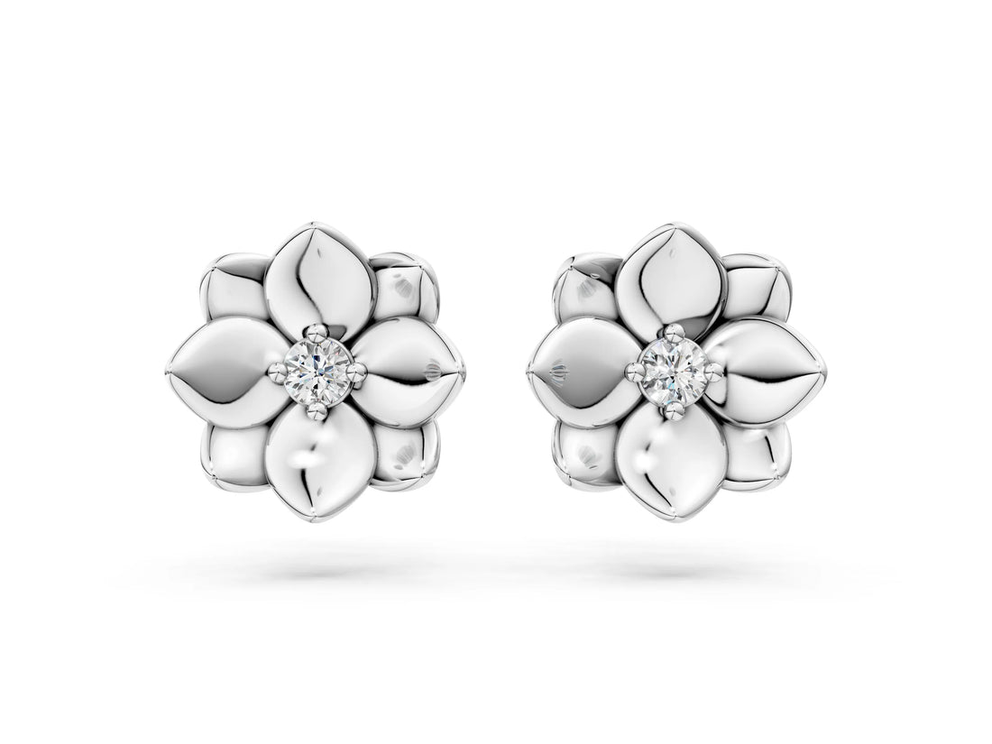 Silver 0.06 Carat E VS Round Diamond Magnolia Floral Stud Earrings