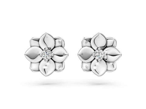White gold Round Diamond Magnolia Floral Stud Earrings_8